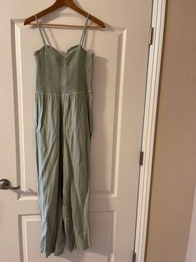 Faherty Mandy Smocked bodice linen Strappy Jumpsuit in Sage Green